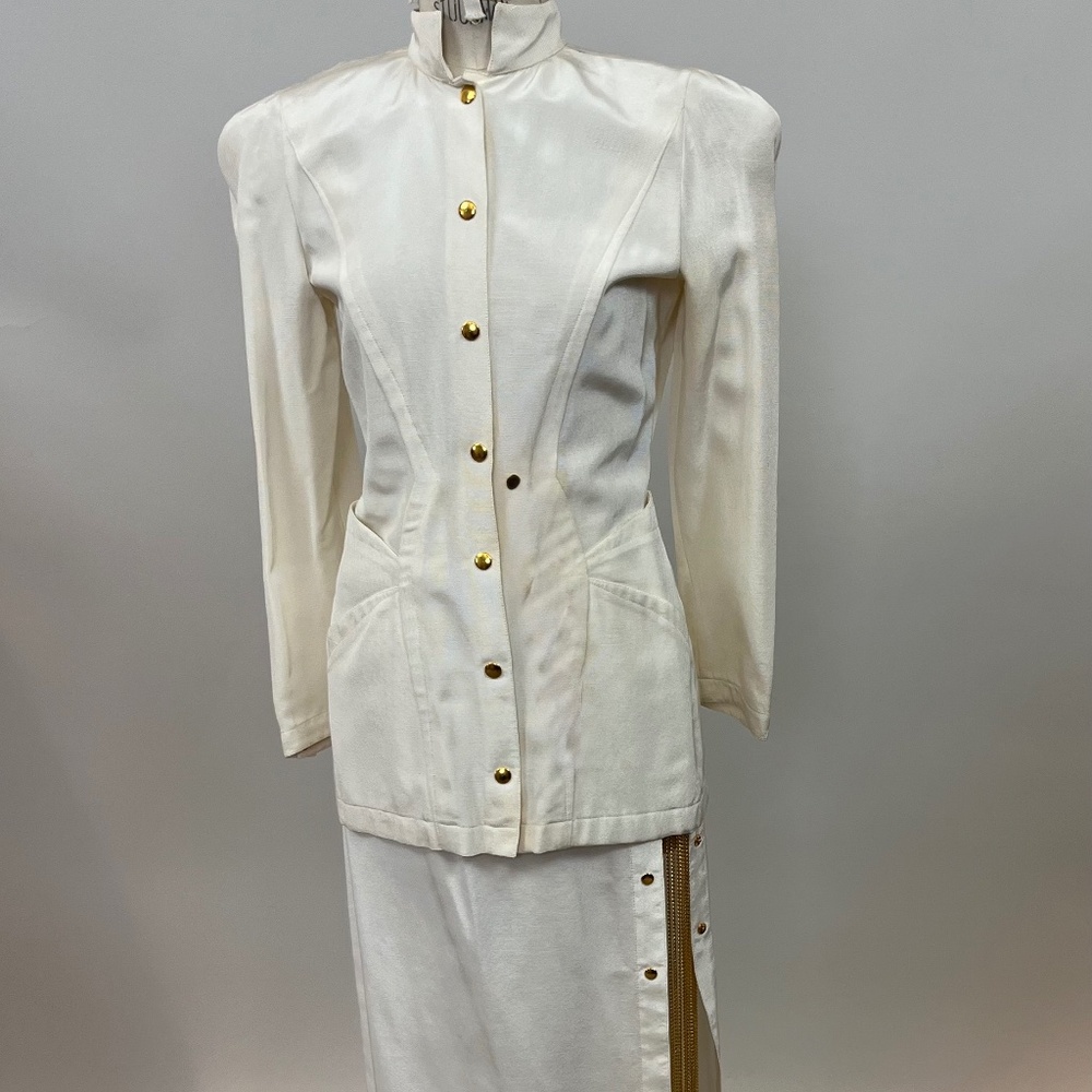 1980's Thierry Mugler white suit with gold chain insert and gold snaps Euro 36
